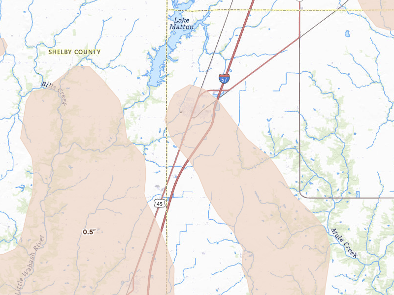Radar-estimated hail-size map of the storm over Neoga, IL on Jul 26, 2026