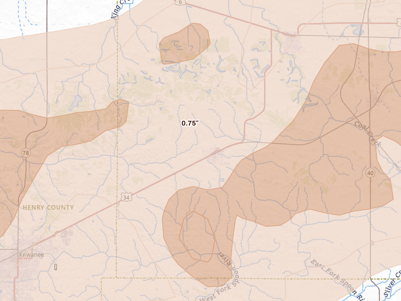 Radar-estimated hail-size map of the storm over Neponset, IL on Mar 10, 2026