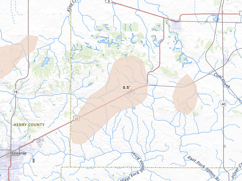 Radar-estimated hail-size map of the storm over Neponset, IL on Jul 2, 2026