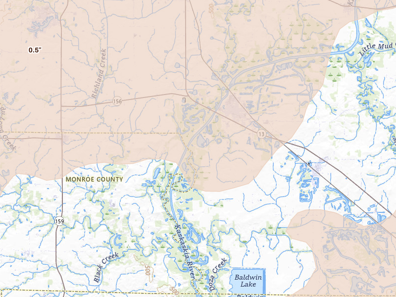 Radar-estimated hail-size map of the storm over New Athens, IL on Apr 27, 2026