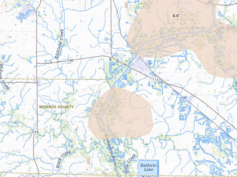 Radar-estimated hail-size map of the storm over New Athens, IL on May 31, 2026