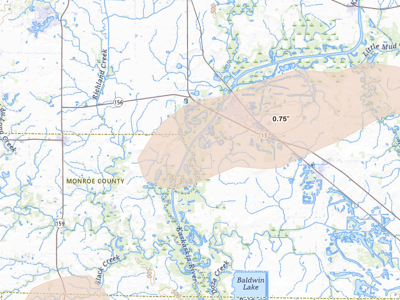 Radar-estimated hail-size map of the storm over New Athens, IL on Jul 10, 2026
