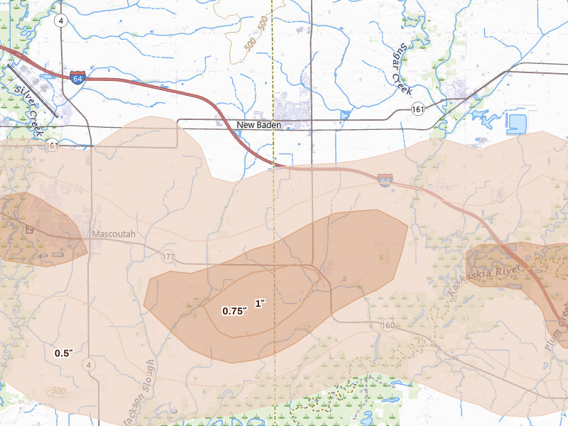 Radar-estimated hail-size map of the storm over New Baden, IL on Apr 26, 2026