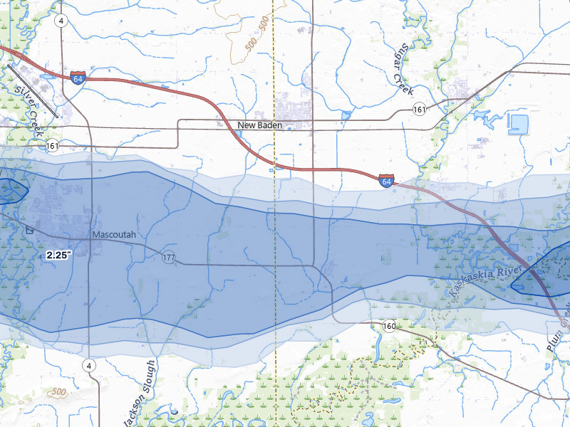 NEXRAD radar-signature map of the hail over New Baden, IL