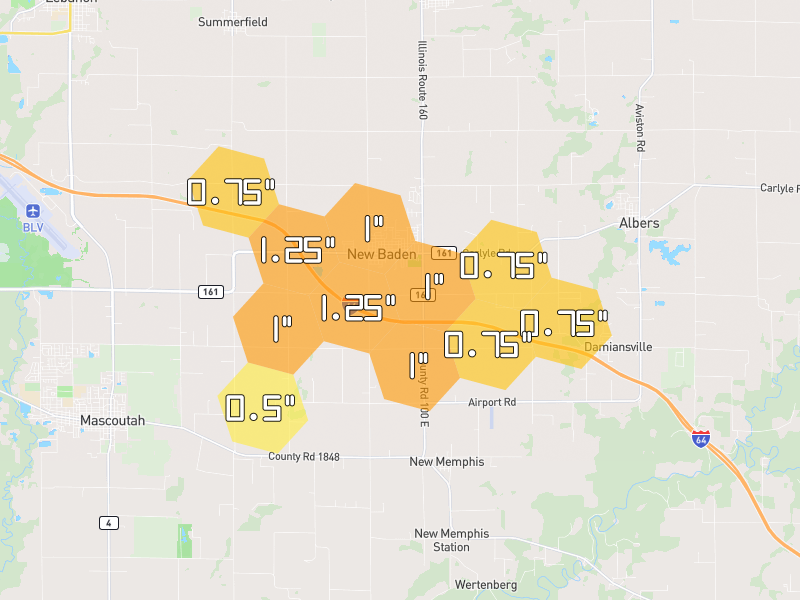 Hail map of New Baden, IL on Jun 1, 2026, hail up to 1.25"