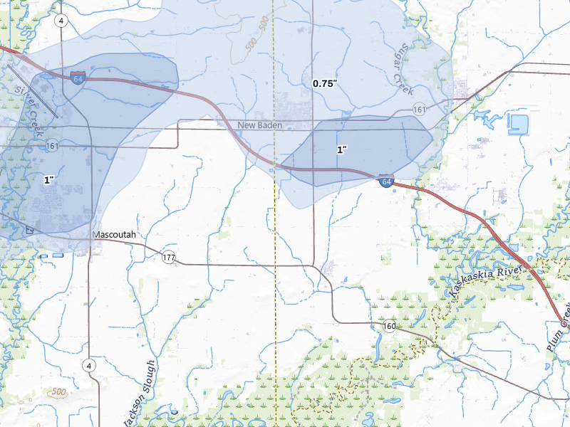 NEXRAD radar-signature map of the hail storm over New Baden, IL on Jul 8, 2026