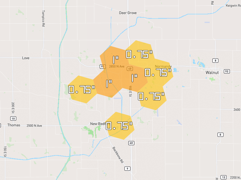 Hail map of New Bedford, IL on Jul 3, 2026, hail up to 1"