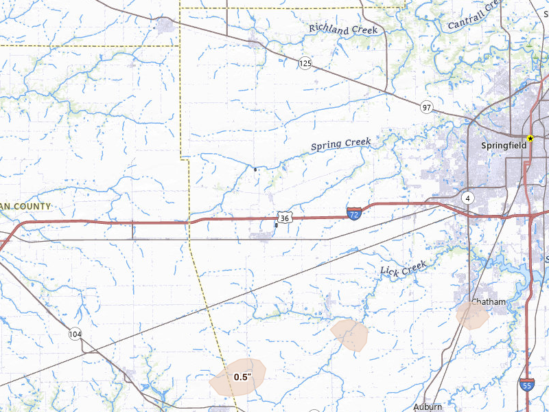 Radar-estimated hail-size map of the storm over New Berlin, IL on Mar 10, 2026