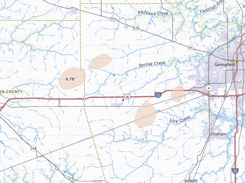 Radar-estimated hail-size map of the storm over New Berlin, IL on Mar 15, 2026