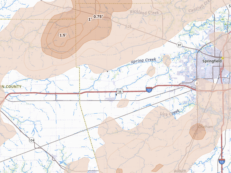Radar-estimated hail-size map of the storm over New Berlin, IL on Apr 27, 2026