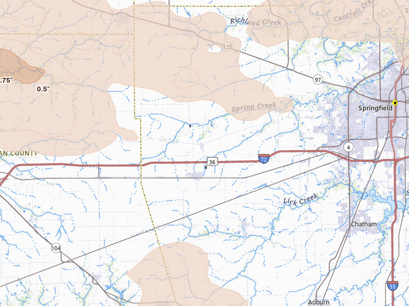 Radar-estimated hail-size map of the storm over New Berlin, IL on May 4, 2026