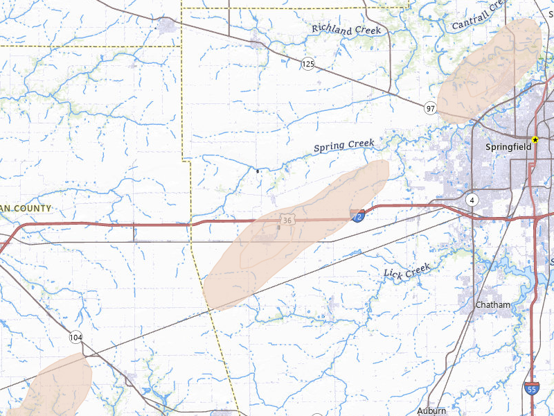 Radar-estimated hail-size map of the storm over New Berlin, IL on Jul 3, 2026