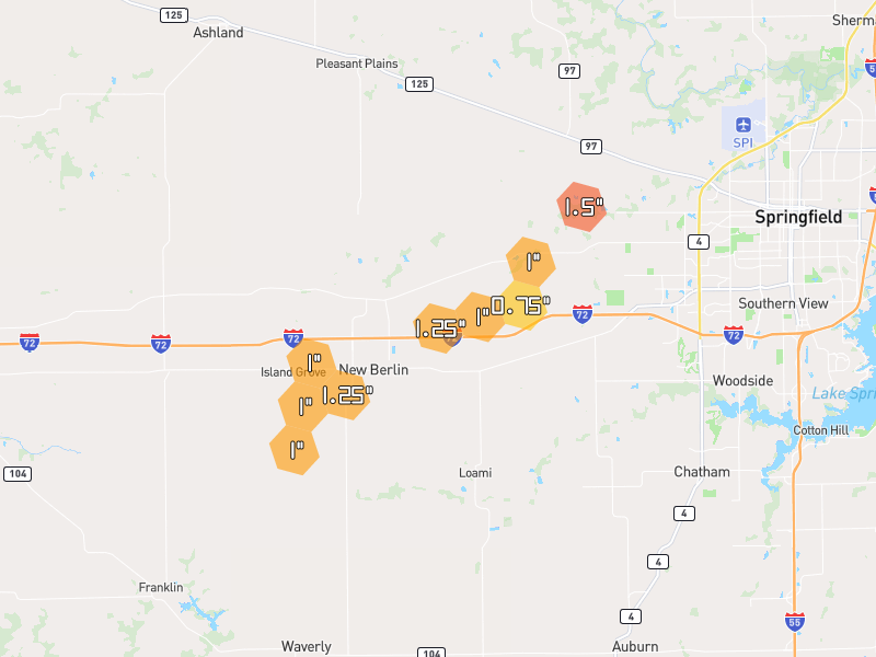 Hail map of New Berlin, IL on Jul 4, 2026, hail up to 1.5"