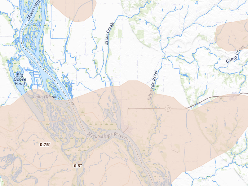 Radar-estimated hail-size map of the storm over New Boston, IL on Aug 12, 2026
