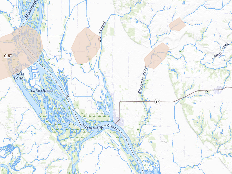 Radar-estimated hail-size map of the storm over New Boston, IL on Aug 13, 2026