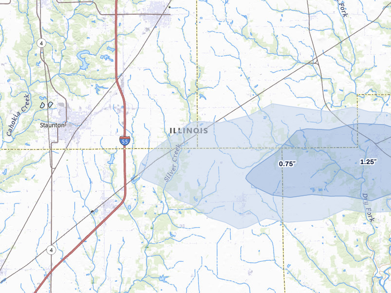 NEXRAD radar-signature map of the hail storm over New Douglas, IL on Mar 4, 2026