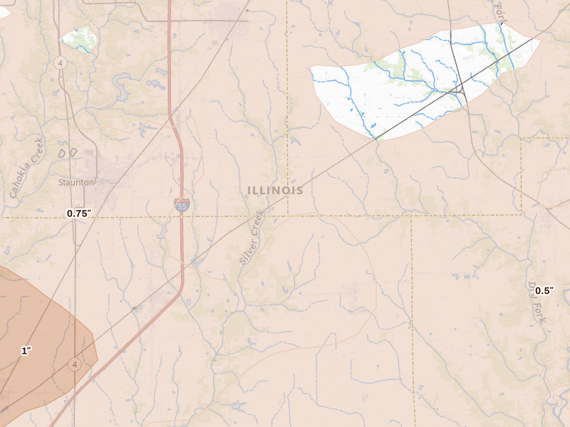 Radar-estimated hail-size map of the storm over New Douglas, IL on Apr 27, 2026