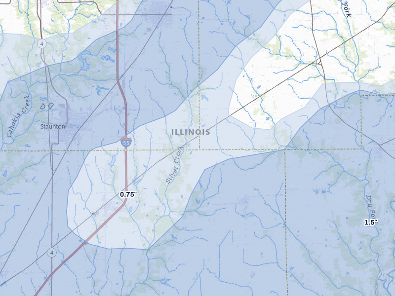 NEXRAD radar-signature map of the hail over New Douglas, IL