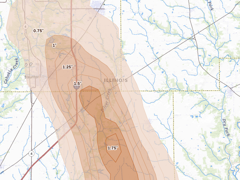 Radar-estimated hail-size map of the storm over New Douglas, IL on Aug 21, 2026