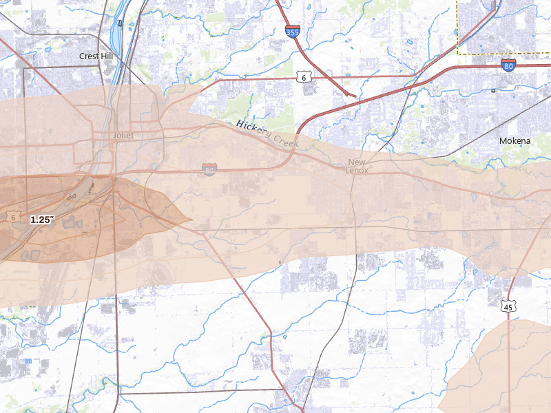 Radar-estimated hail-size map of the storm over New Lenox, IL on Mar 31, 2026