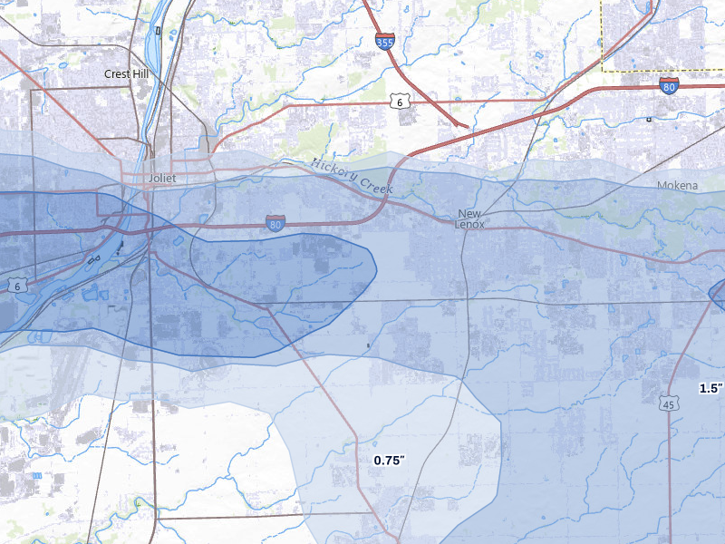 NEXRAD radar-signature map of the hail over New Lenox, IL