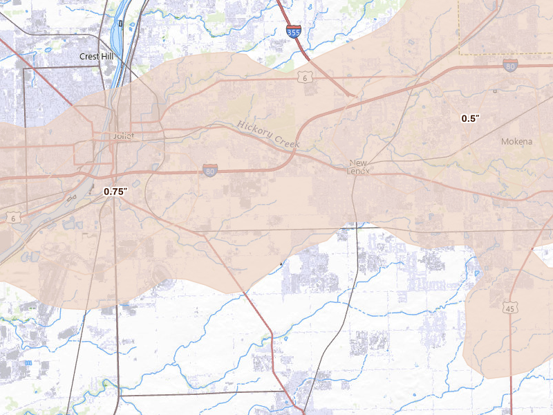 Radar-estimated hail-size map of the storm over New Lenox, IL on Jul 3, 2026
