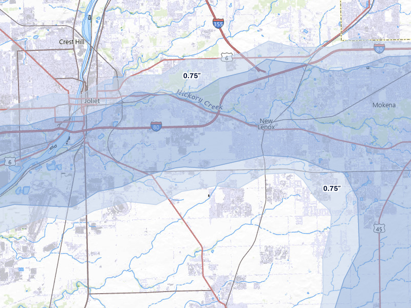 NEXRAD radar-signature map of the hail over New Lenox, IL