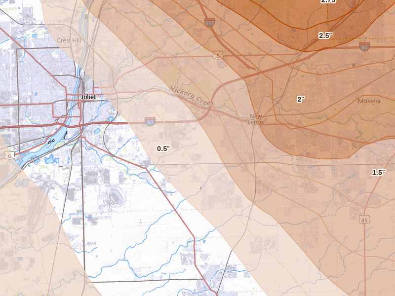 Radar-estimated hail-size map of the storm over New Lenox, IL on Jul 27, 2026