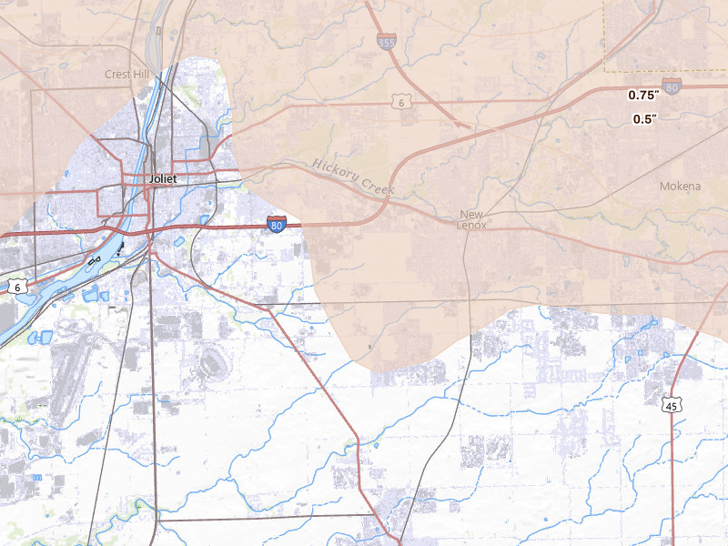 Radar-estimated hail-size map of the storm over New Lenox, IL on Aug 11, 2026