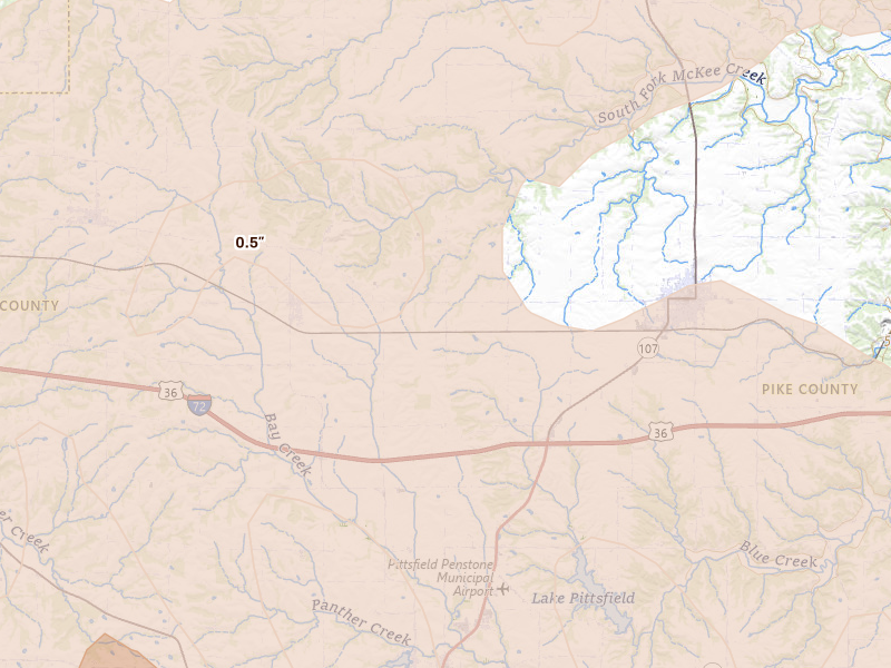 Radar-estimated hail-size map of the storm over New Salem, IL on Apr 27, 2026