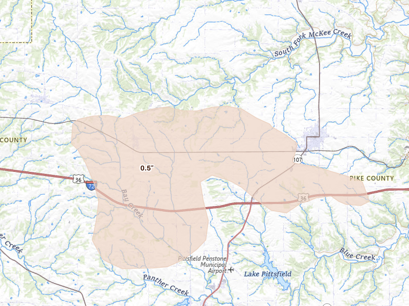 Radar-estimated hail-size map of the storm over New Salem, IL on May 4, 2026