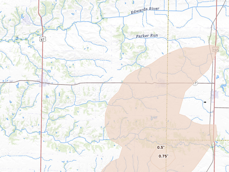 Radar-estimated hail-size map of the storm over New Windsor, IL on Jul 2, 2026
