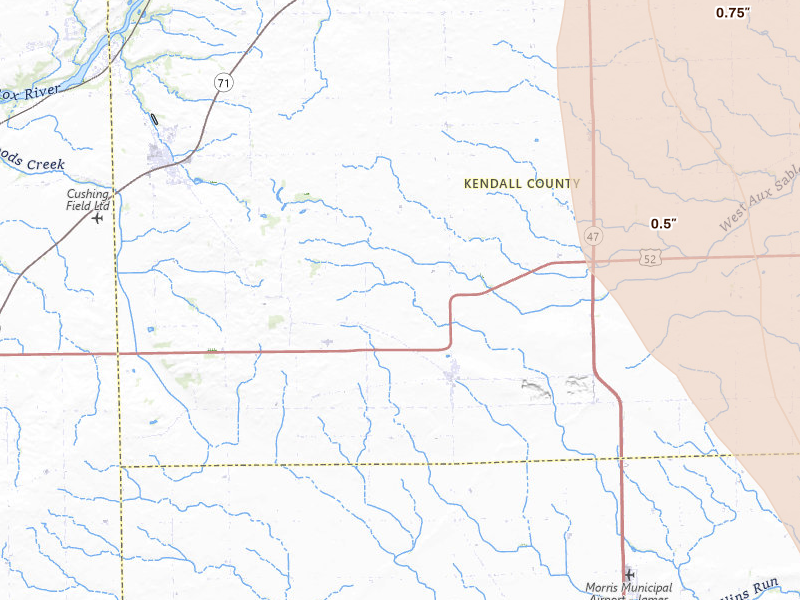 Radar-estimated hail-size map of the storm over Newark, IL on Jul 27, 2026