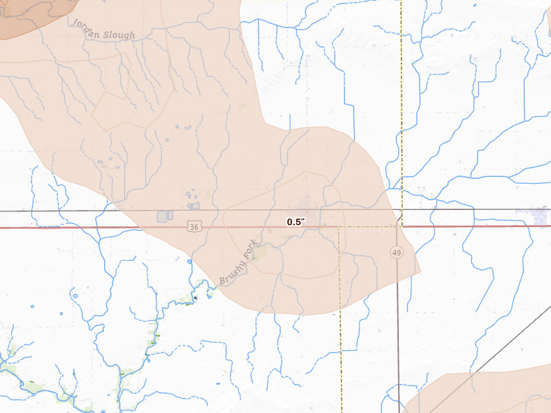 Radar-estimated hail-size map of the storm over Newman, IL on Aug 11, 2026