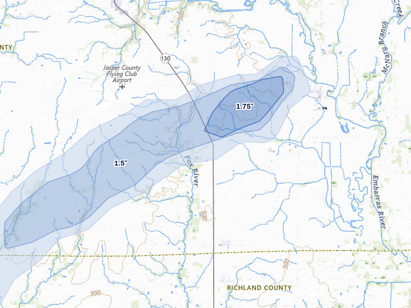 NEXRAD radar-signature map of the hail storm over Newton, IL on Jan 8, 2026