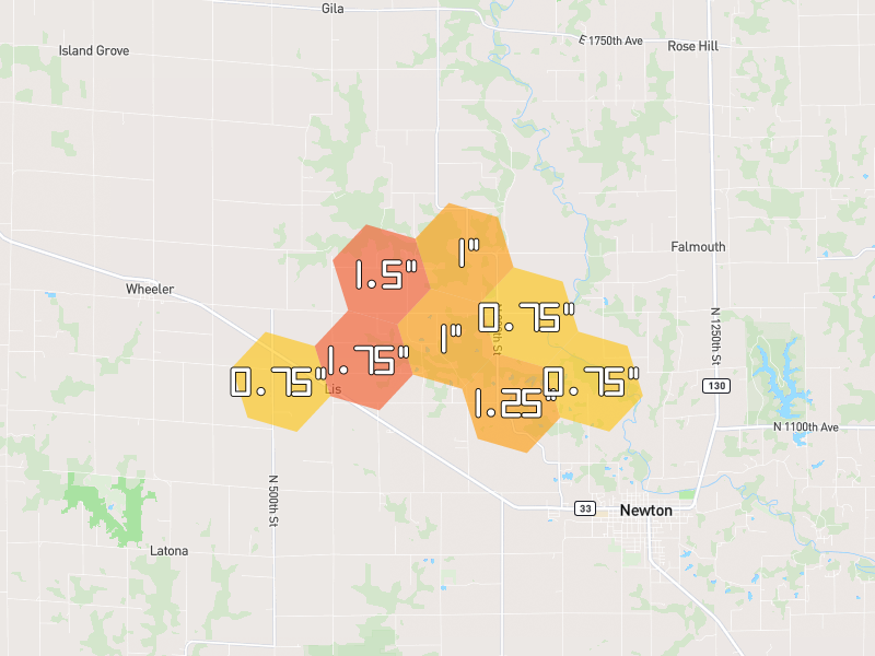 Hail map of Newton, IL on Jul 4, 2026, hail up to 1.75"