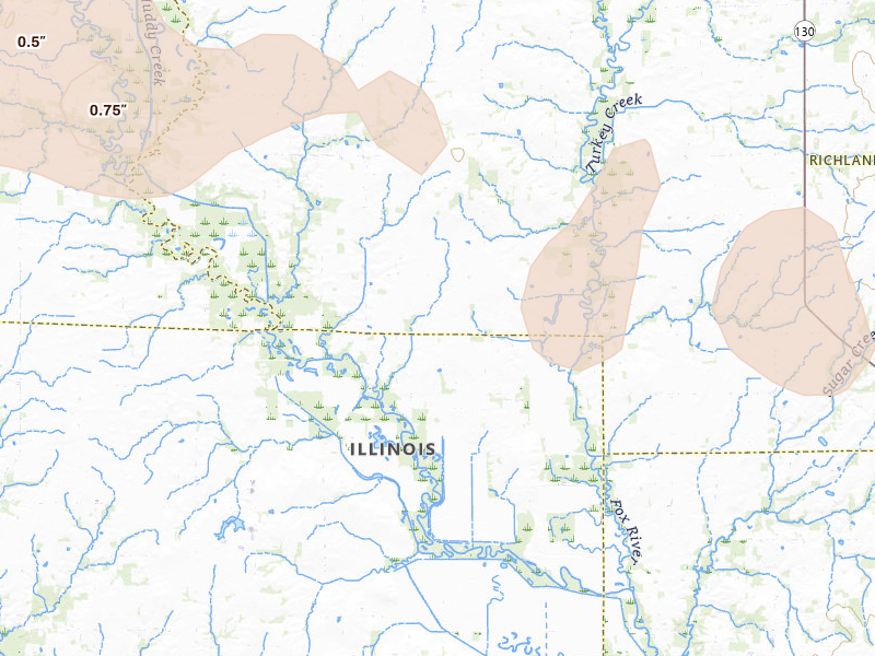 Radar-estimated hail-size map of the storm over Noble, IL on Mar 22, 2026