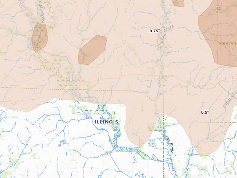 Radar-estimated hail-size map of the storm over Noble, IL on Apr 27, 2026