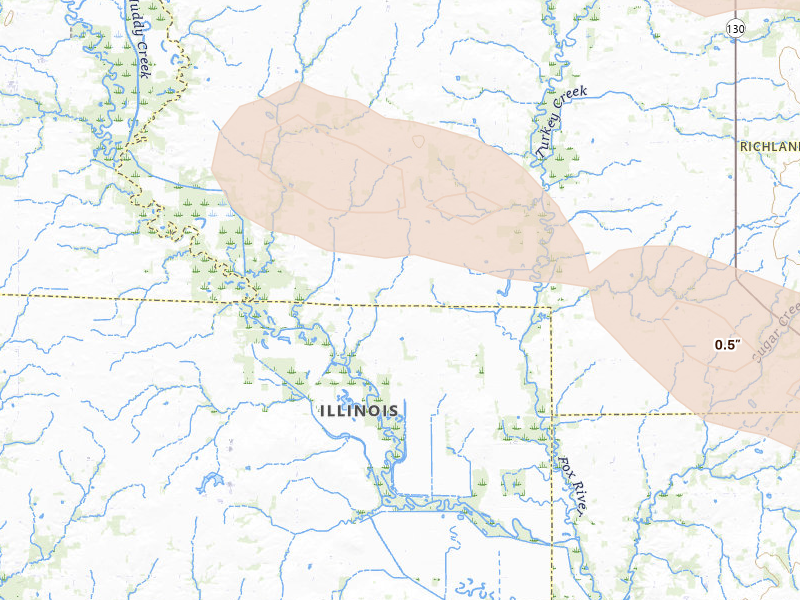 Radar-estimated hail-size map of the storm over Noble, IL on Jun 25, 2026