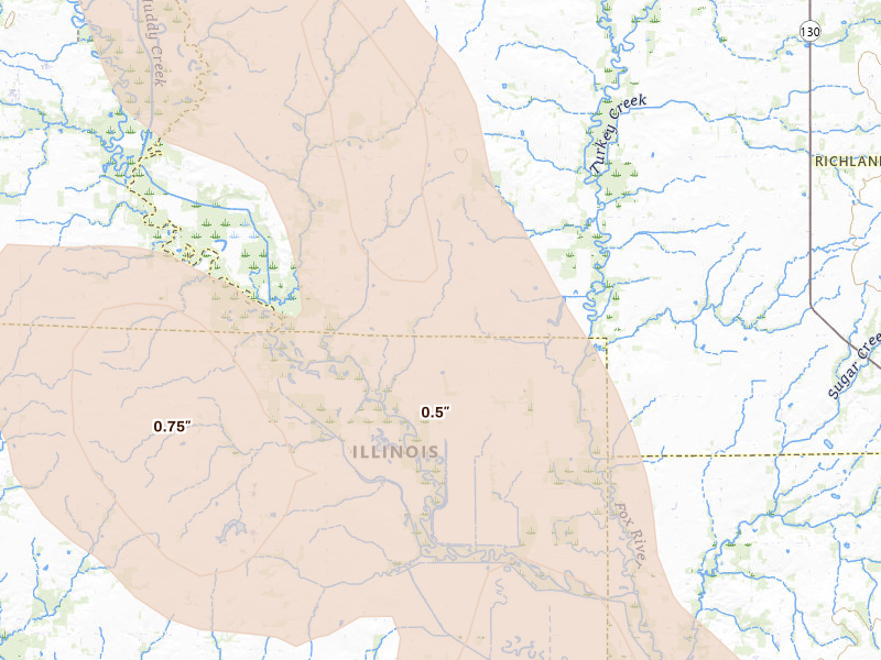 Radar-estimated hail-size map of the storm over Noble, IL on Jul 26, 2026