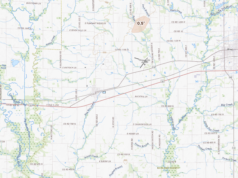 Radar-estimated hail-size map of the storm over Noble, IL on Sep 16, 2026