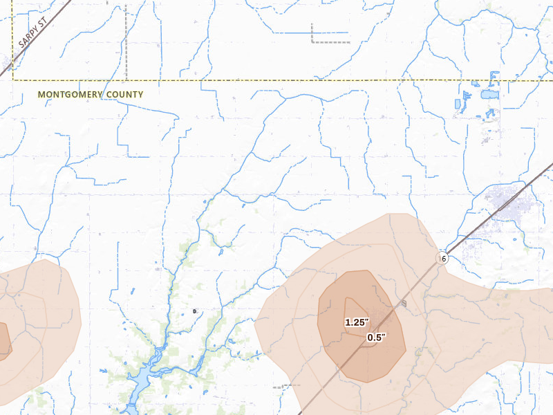 Radar-estimated hail-size map of the storm over Nokomis, IL on Jul 9, 2026