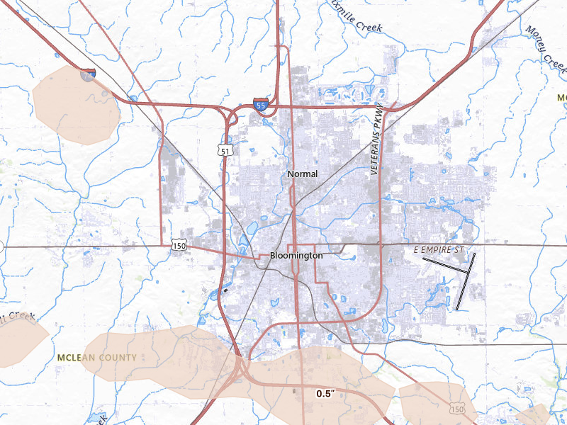 Radar-estimated hail-size map of the storm over Normal, IL on Mar 26, 2026
