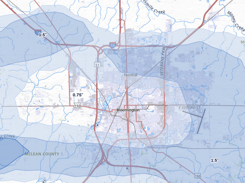 NEXRAD radar-signature map of the hail over Normal, IL