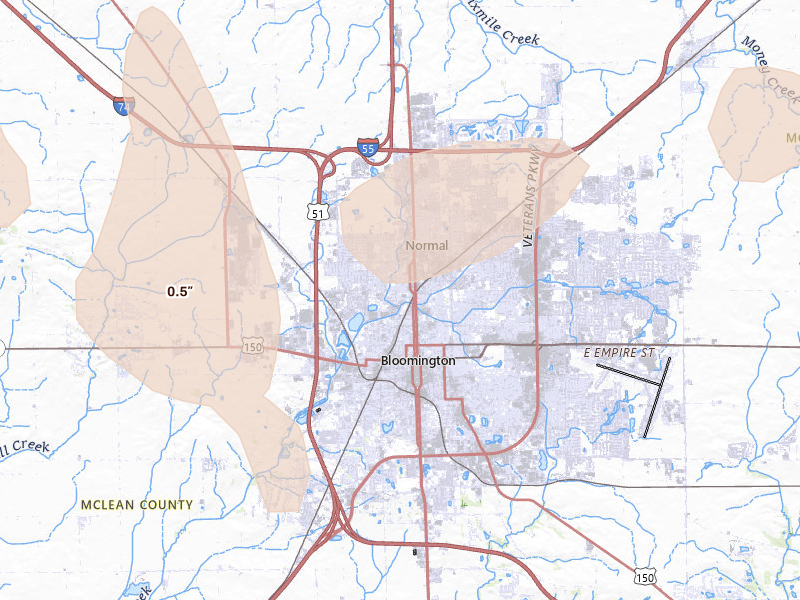 Radar-estimated hail-size map of the storm over Normal, IL on Aug 13, 2026