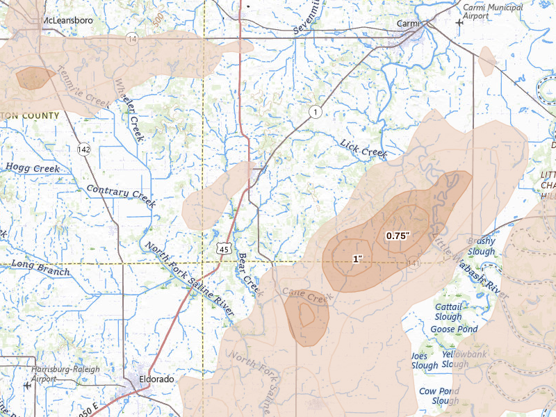 Radar-estimated hail-size map of the storm over Norris City, IL on Apr 27, 2026