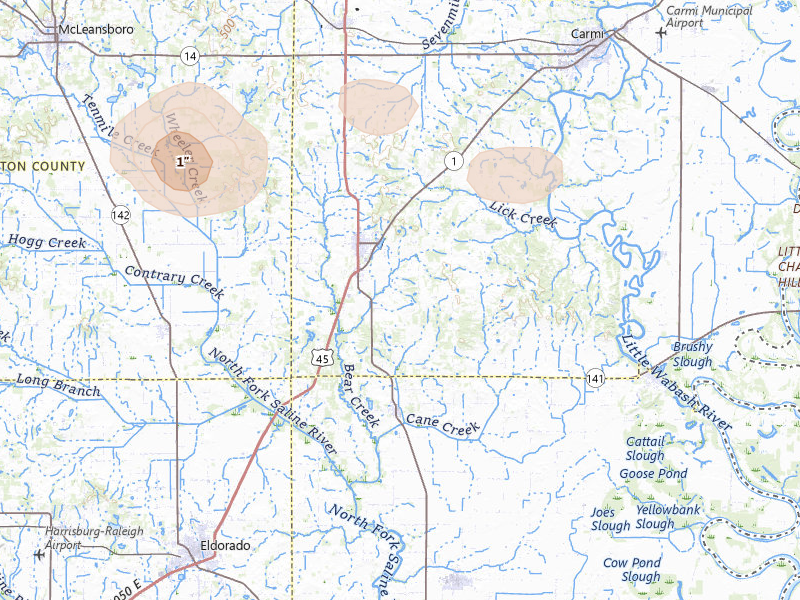 Radar-estimated hail-size map of the storm over Norris City, IL on Jul 5, 2026