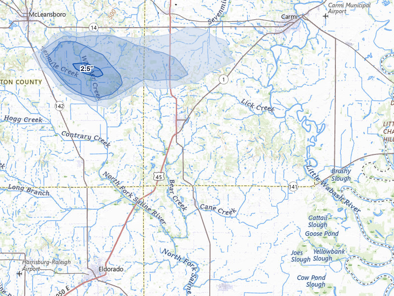 NEXRAD radar-signature map of the hail storm over Norris City, IL on Jul 5, 2026