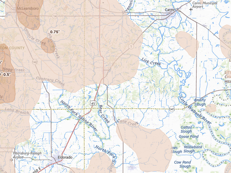 Radar-estimated hail-size map of the storm over Norris City, IL on Jul 26, 2026