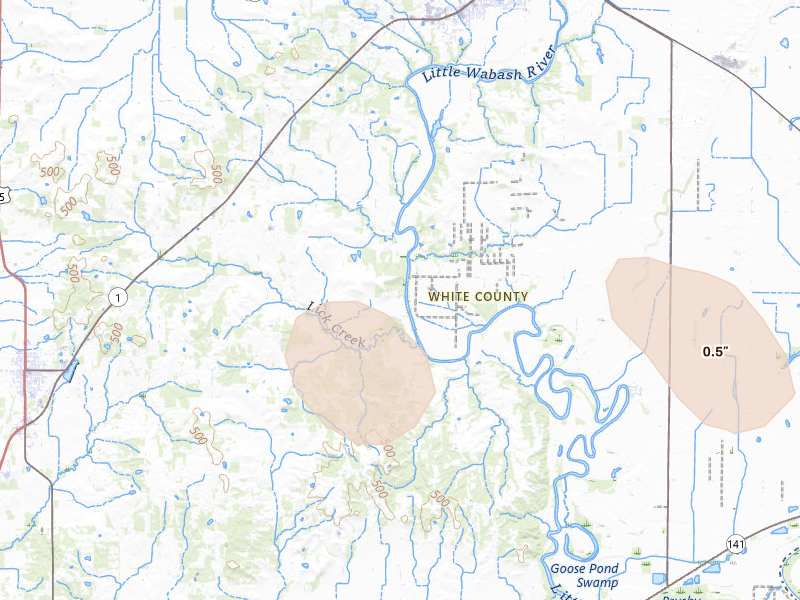 Radar-estimated hail-size map of the storm over Norris City, IL on Aug 12, 2026